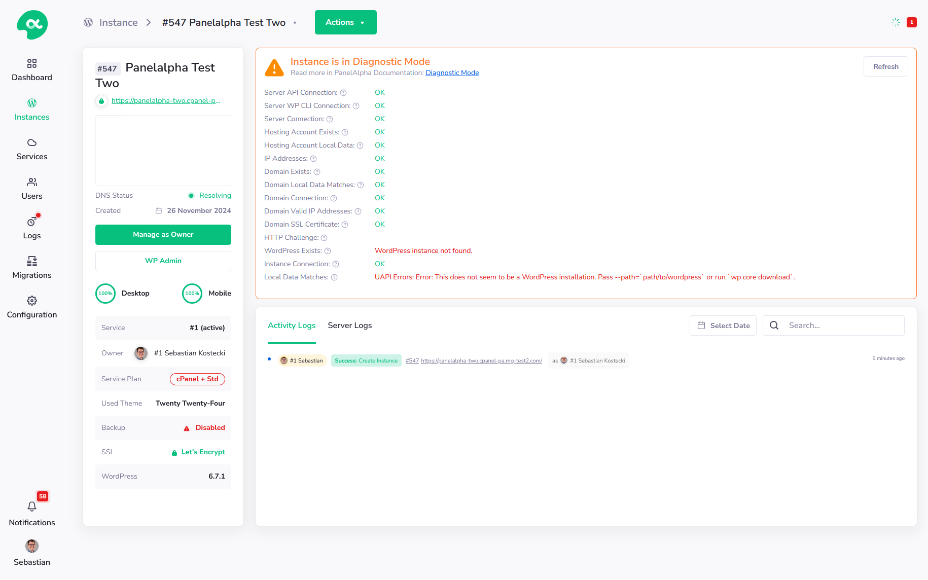 Diagnostic Mode: Instance Details - PanelAlpha Documentation